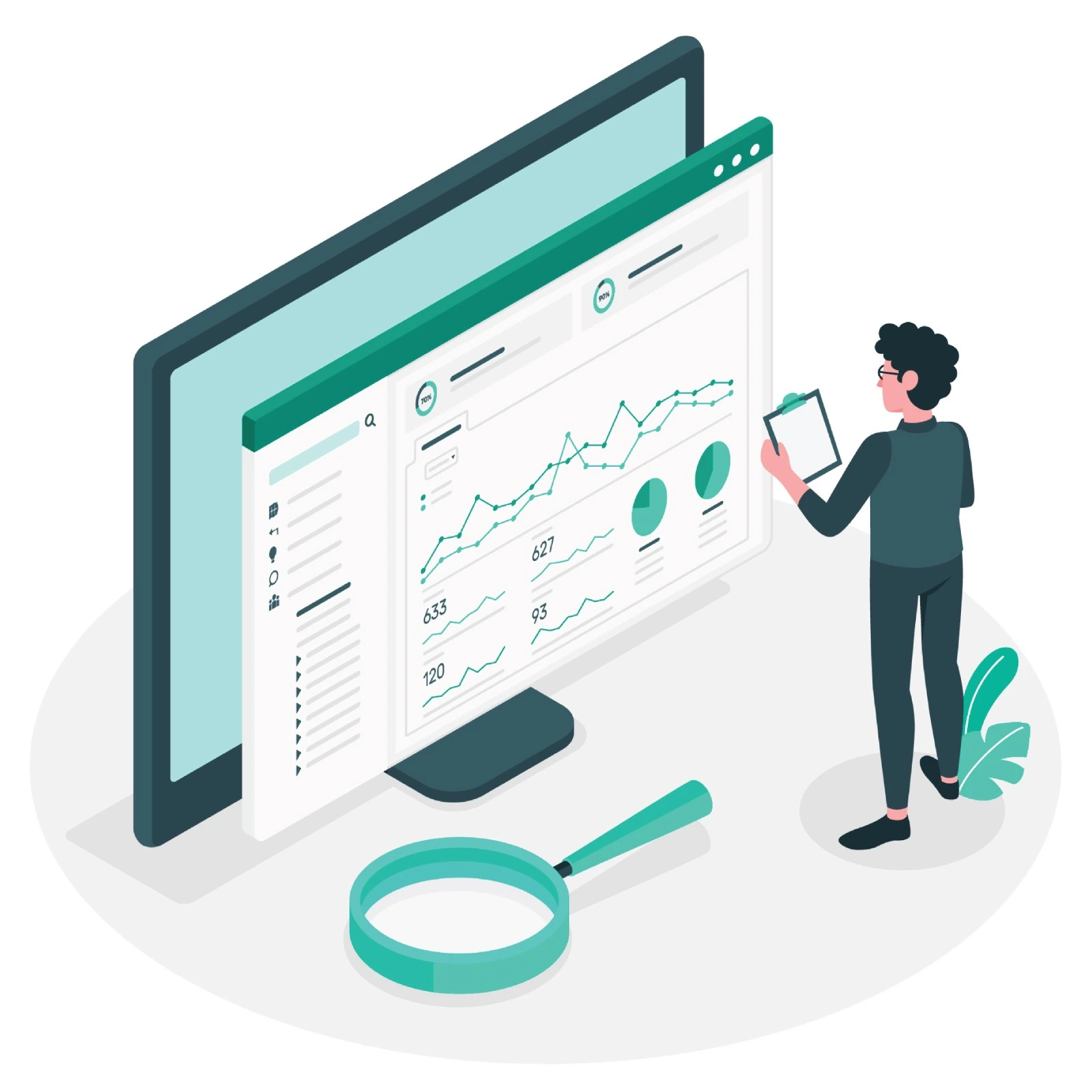 1. A man examines data on a monitor closely, using a magnifying glass for better visibility and detail. 2. A focused man analyzes data displayed on a monitor, utilizing a magnifying glass to enhance his observation. 3. A man scrutinizes data on a computer screen, employing a magnifying glass to gain a clearer understanding of the information.