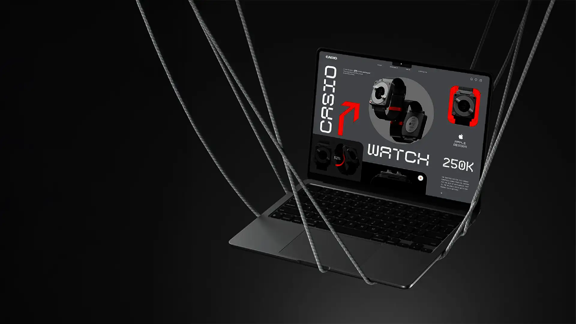 Futuristic eCommerce website mockup on a laptop displaying a Casio Watch interface with bold red and gray accents, suspended by cables against a dark background — symbolizing precision engineering and modern design.