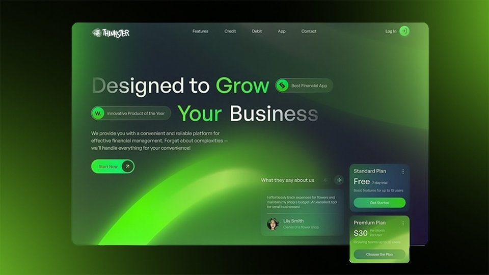 Futuristic green-gradient financial app website design by Thinkster showcasing pricing plans, reviews, and growth-focused UI for business finance management.