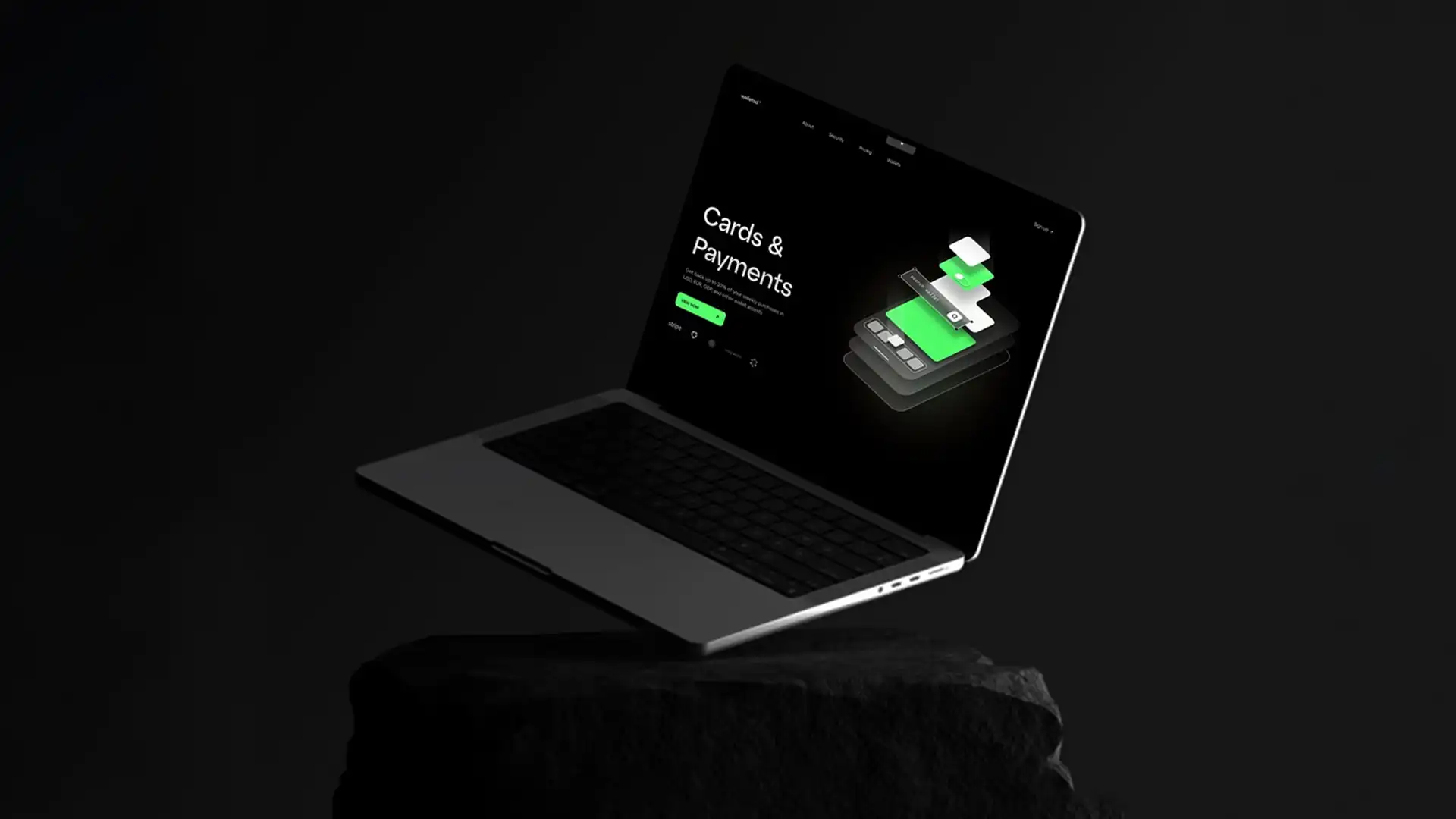 Dark fintech website mockup on a laptop displaying a modern “Cards & Payments” dashboard with green neon highlights, symbolizing secure digital transactions and innovative financial technology.