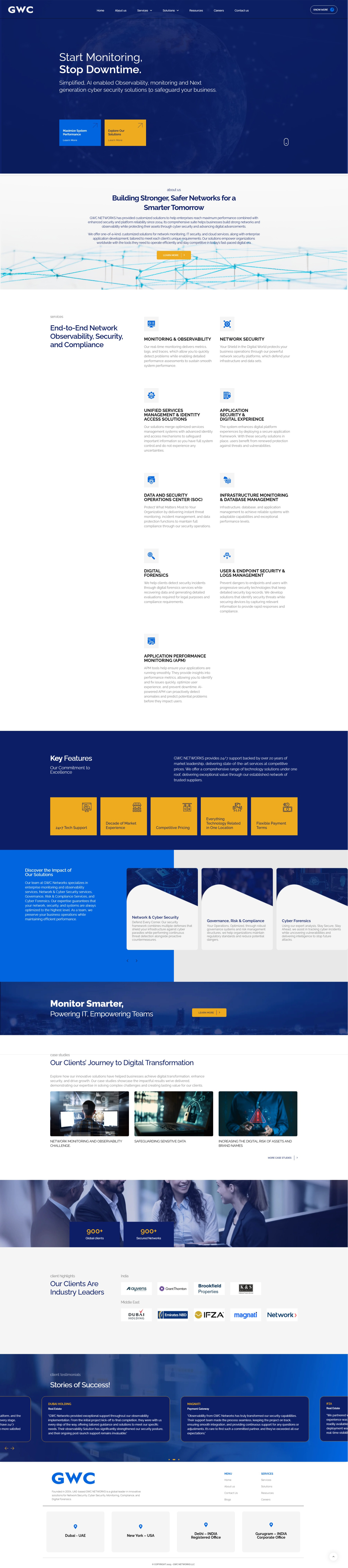 Full-page view of a cybersecurity and network observability website designed by Thinkster for GWC Networks, featuring AI-enabled solutions, monitoring systems, and next-gen IT infrastructure design.