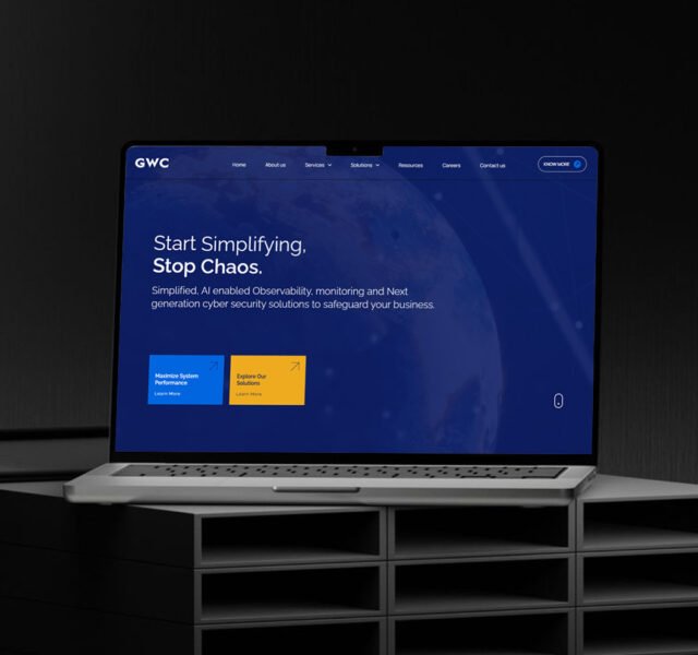 Laptop displaying a modern cybersecurity website with the tagline “Start Simplifying. Stop Chaos.” — showcasing Thinkster’s AI-driven website design for a tech solutions company.