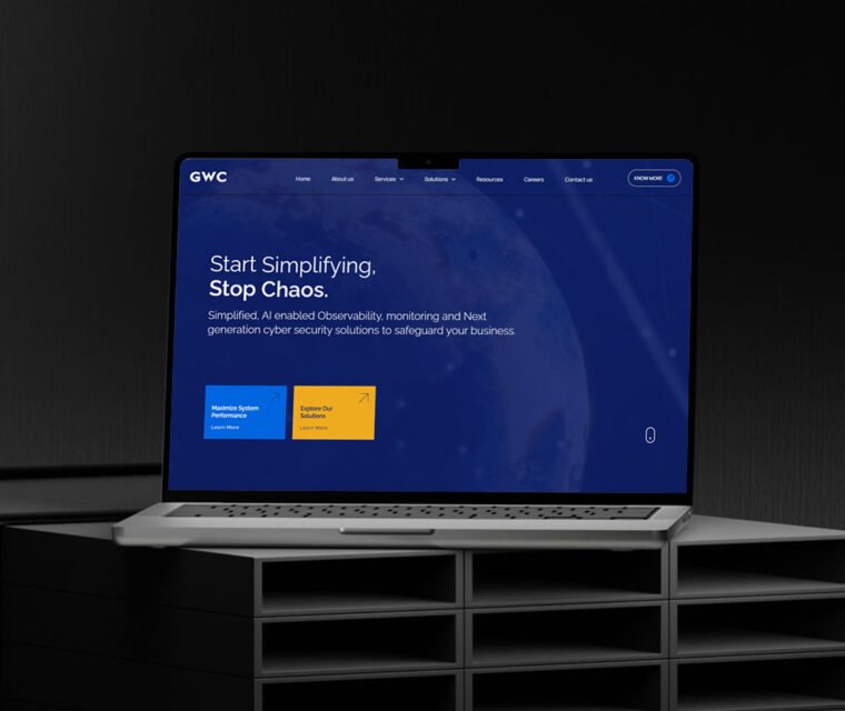 Laptop displaying a modern cybersecurity website with the tagline “Start Simplifying. Stop Chaos.” — showcasing Thinkster’s AI-driven website design for a tech solutions company.