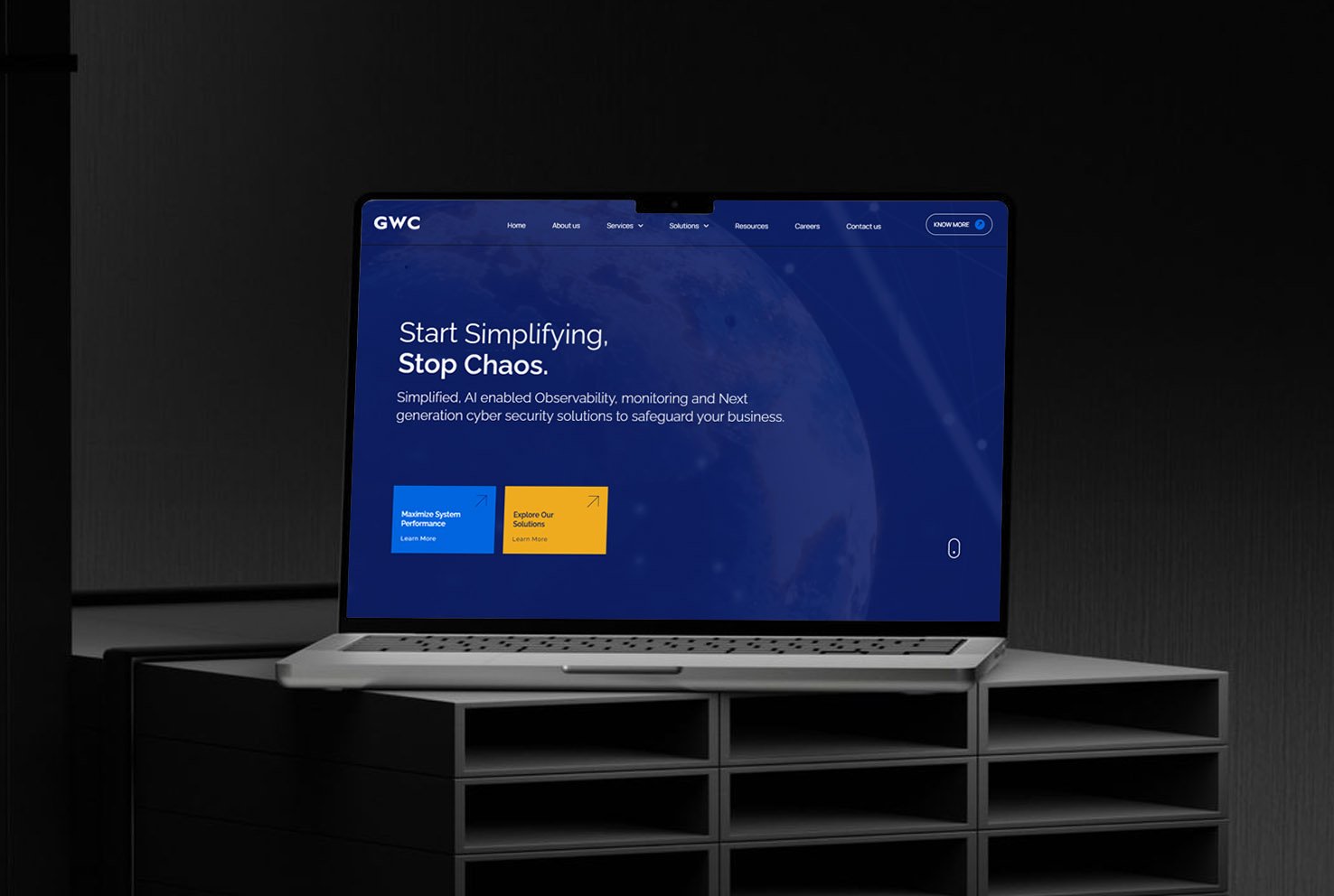 Laptop displaying a modern cybersecurity website with the tagline “Start Simplifying. Stop Chaos.” — showcasing Thinkster’s AI-driven website design for a tech solutions company.