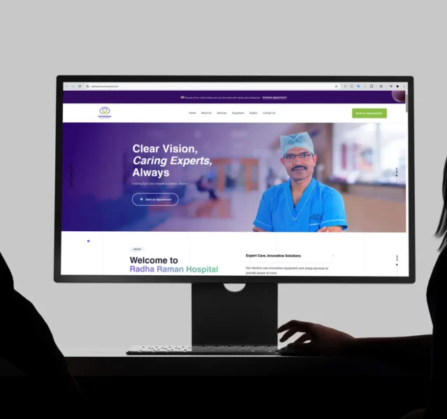 Website design mockup of Radha Raman Hospital displayed on a desktop screen, featuring a professional doctor on the homepage with the headline “Clear Vision, Caring Experts, Always” — showcasing Thinkster’s healthcare web design expertise.