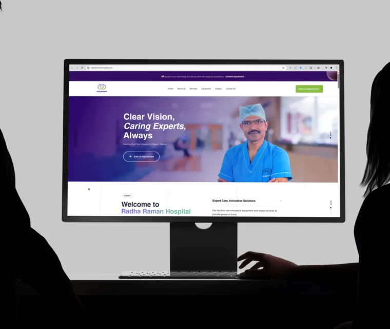 Website design mockup of Radha Raman Hospital displayed on a desktop screen, featuring a professional doctor on the homepage with the headline “Clear Vision, Caring Experts, Always” — showcasing Thinkster’s healthcare web design expertise.