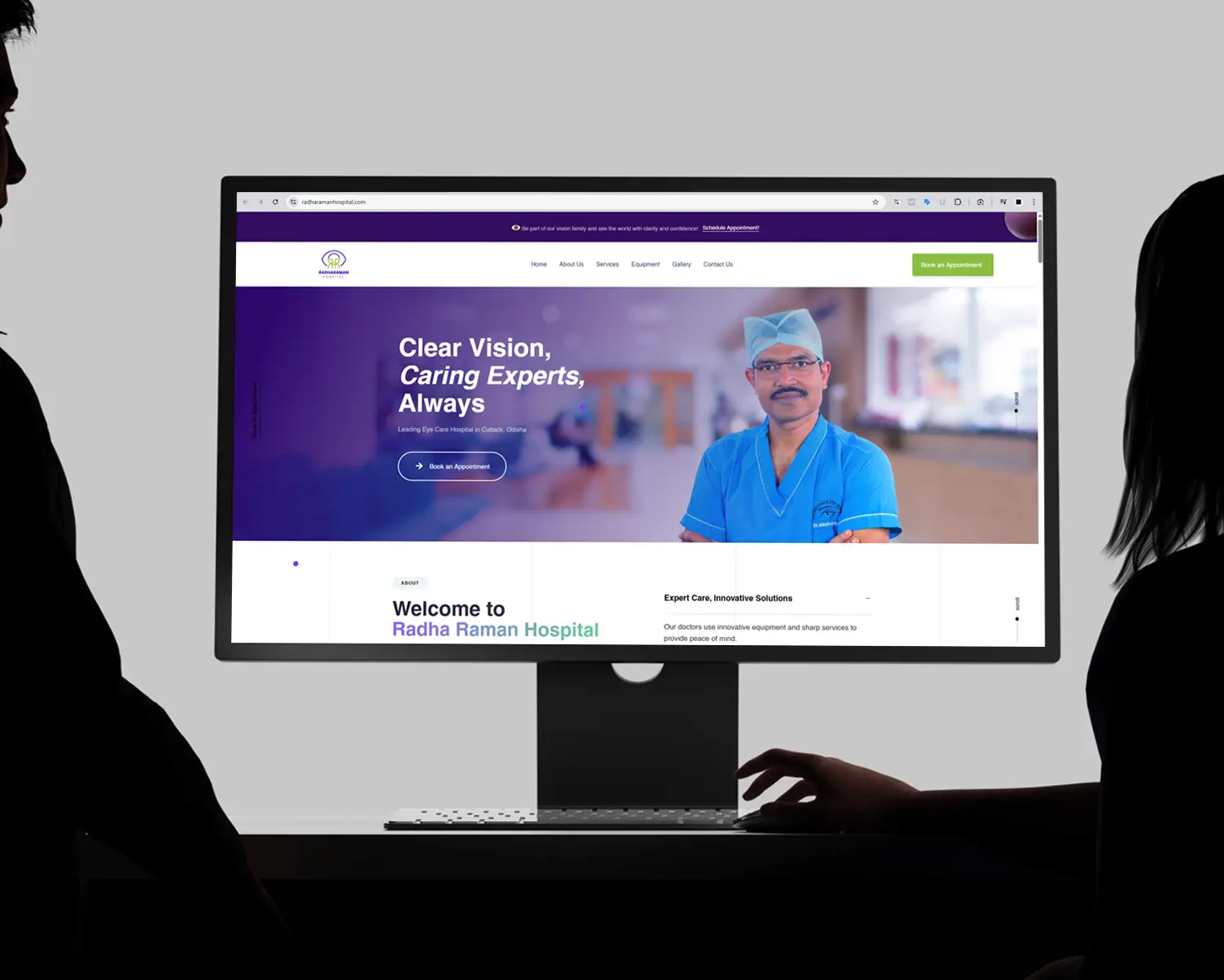 Website design mockup of Radha Raman Hospital displayed on a desktop screen, featuring a professional doctor on the homepage with the headline “Clear Vision, Caring Experts, Always” — showcasing Thinkster’s healthcare web design expertise.