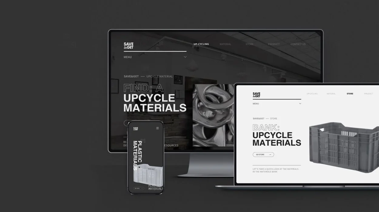 Save & Get website design mockup by Thinkster showing an upcycling materials platform displayed on laptop, desktop, and mobile screens with a minimalist black-and-white interface.