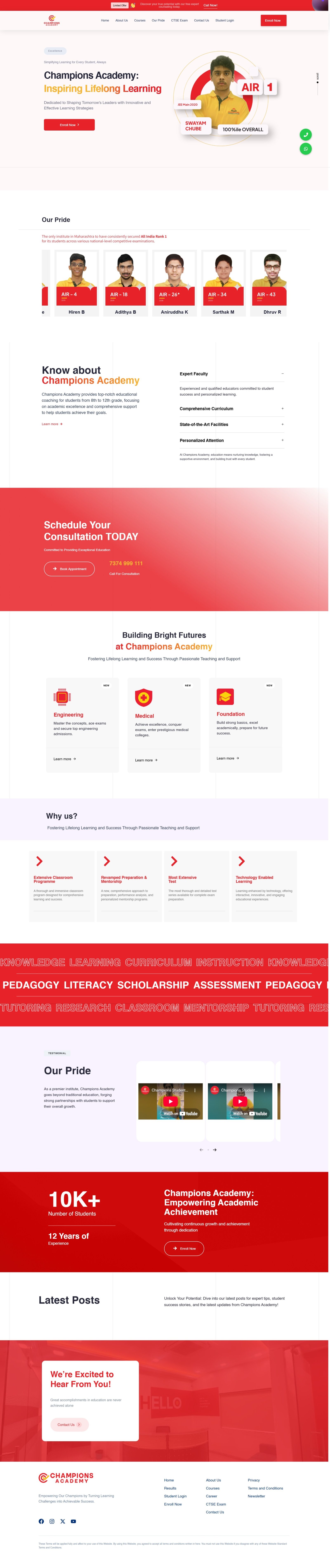 Educational coaching website design for Champions Academy by Thinkster, showcasing student achievements, JEE and NEET results, and consultation booking features.
