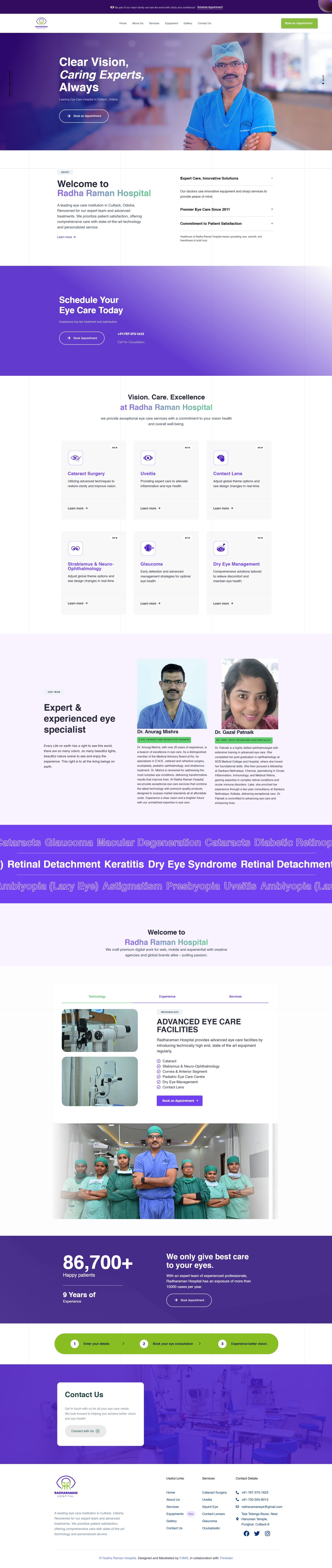 Eye care hospital website design for Radha Raman Hospital by Thinkster, showcasing modern healthcare UI with doctor profiles, services, and patient appointment booking.