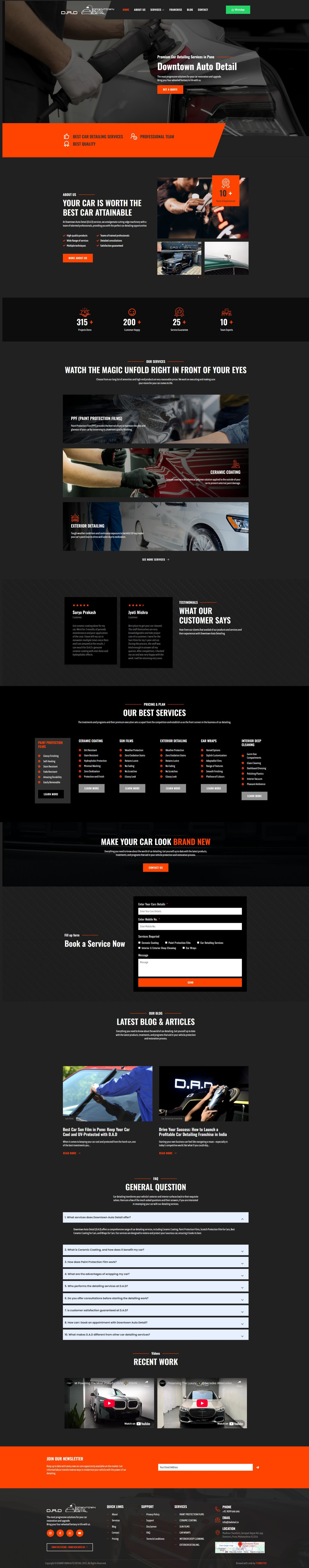 Premium car detailing website design by Thinkster for Downtown Auto Detail, featuring a bold black and orange theme with service sections, blogs, and booking form.