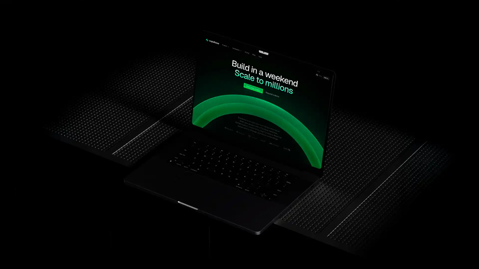 Dark-themed website interface displayed on a laptop featuring the text “Build in a weekend. Scale to millions.” with green neon accents, symbolizing rapid tech scalability and modern web development.