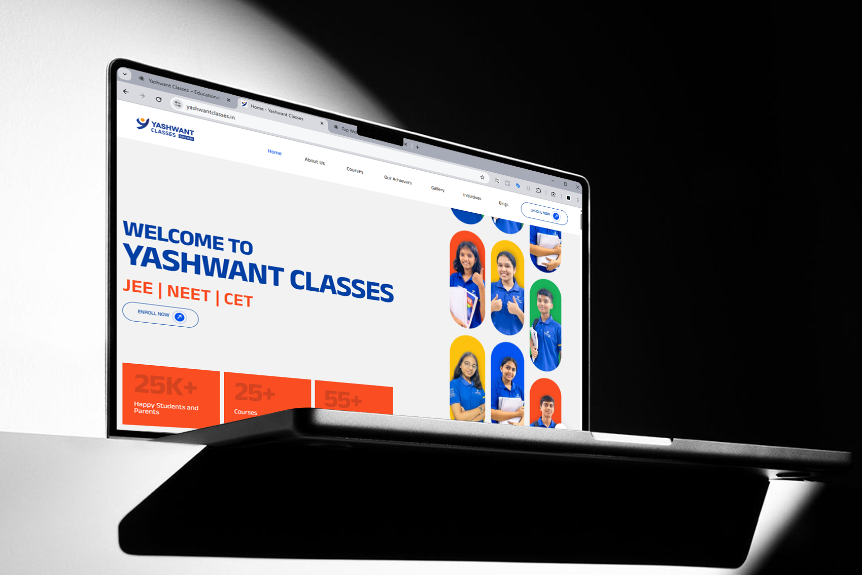 Modern educational website design for Yashwant Classes by Thinkster, featuring bright student imagery, bold typography, and intuitive enrollment CTAs for JEE, NEET, and CET courses.