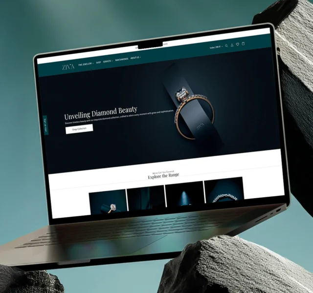 Luxury jewellery website design by Thinkster, showcasing the Ziva Diamonds online store with elegant UI, premium product photography, and refined black-and-gold aesthetics.