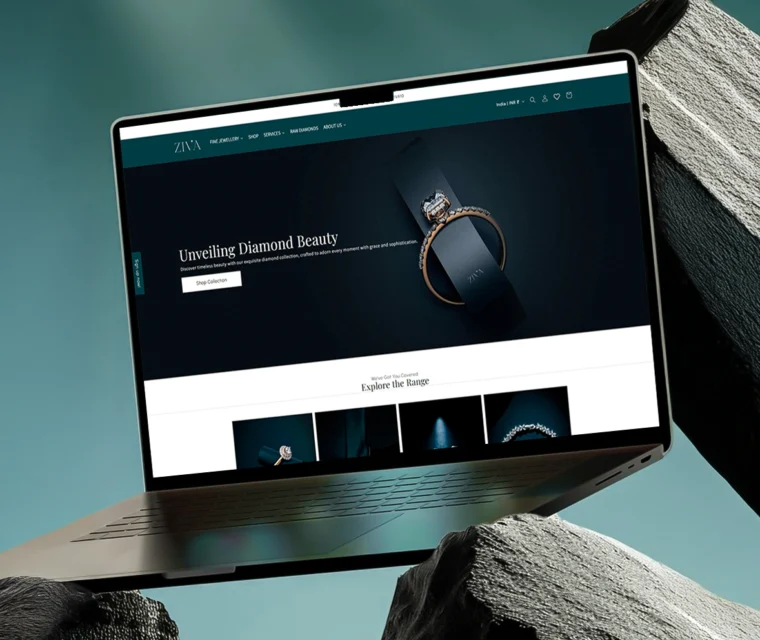 Luxury jewellery website design by Thinkster, showcasing the Ziva Diamonds online store with elegant UI, premium product photography, and refined black-and-gold aesthetics.