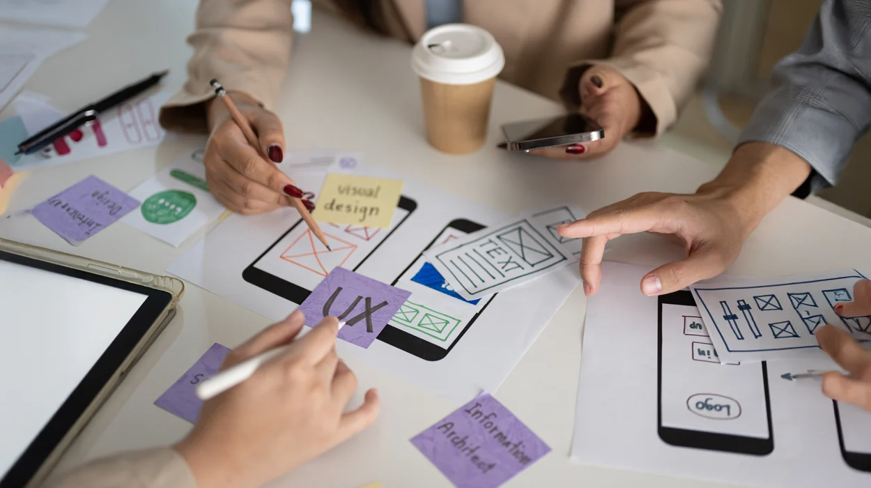 Creative UX design team brainstorming app wireframes with sketches, sticky notes, and digital tablets during a user experience planning session.