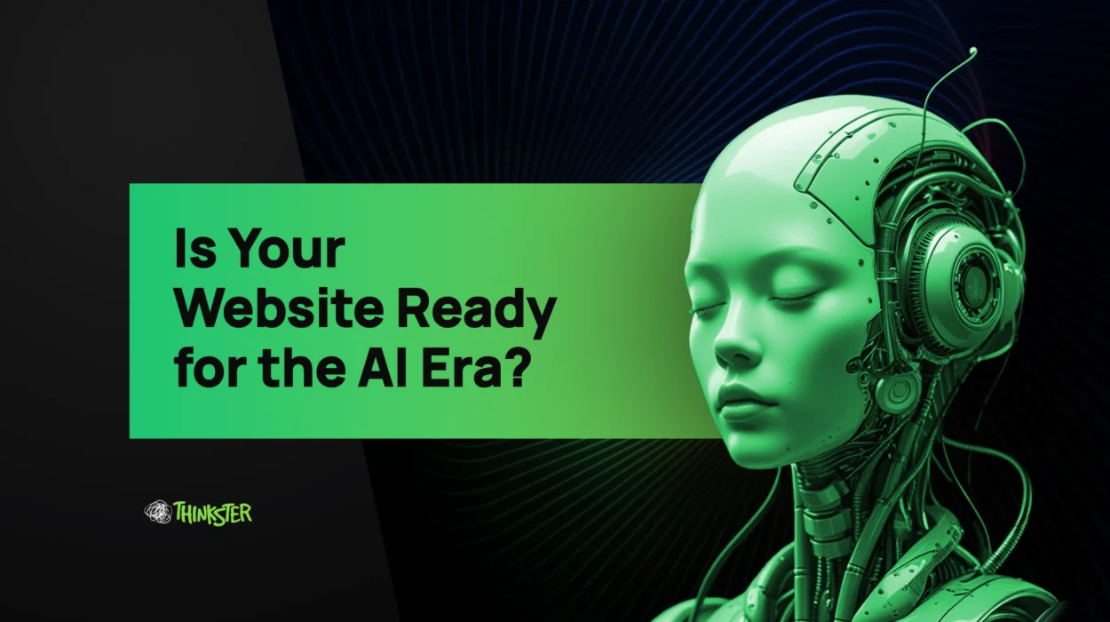 AI-themed website banner with futuristic female face and green headphones, titled "Is Your Website Ready for the AI Era?"