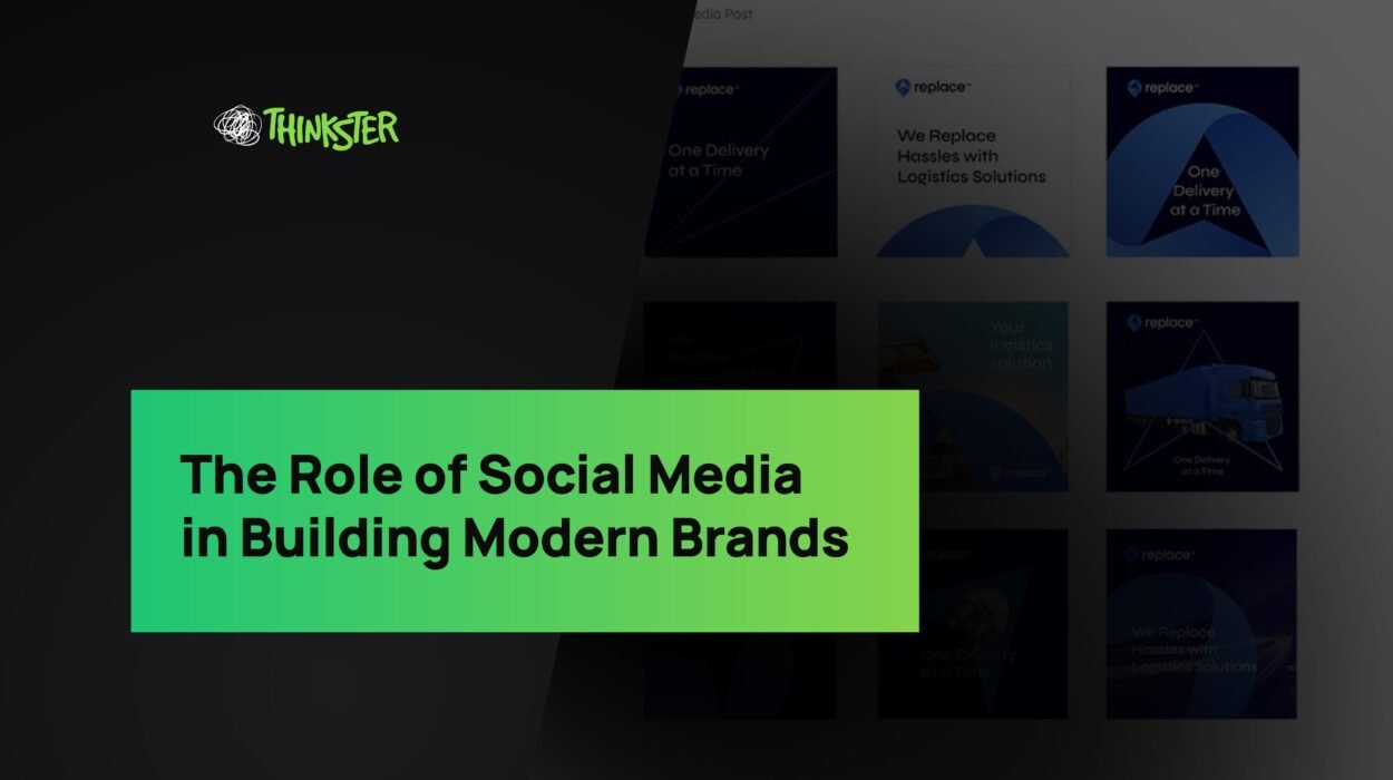 Digital banner with Thinkster branding showcasing “The Role of Social Media in Building Modern Brands,” highlighting the importance of strategic social media marketing in brand growth and audience engagement.