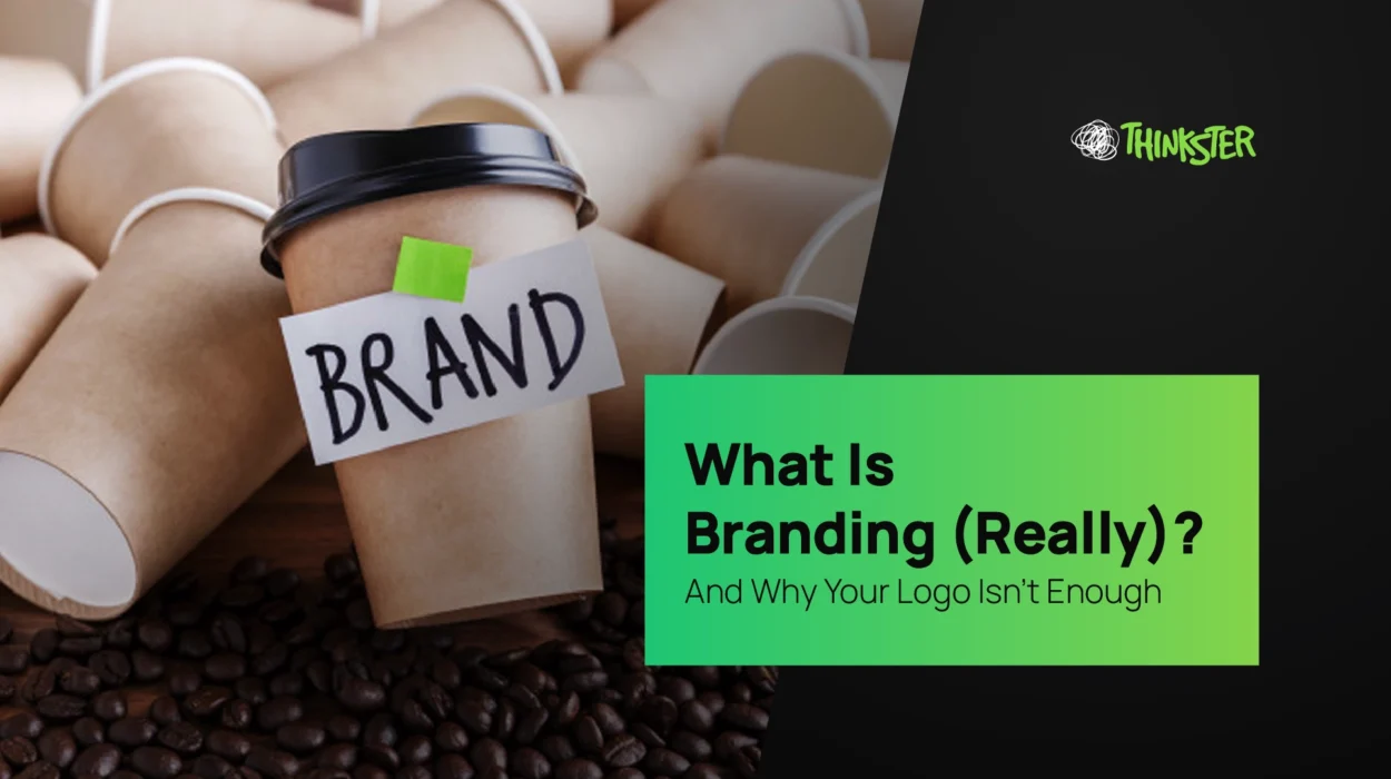 A coffee cup labeled “BRAND” standing out among plain cups on a table with coffee beans — symbolizing differentiation, identity, and creativity in branding, representing Thinkster’s expertise in brand strategy and design.