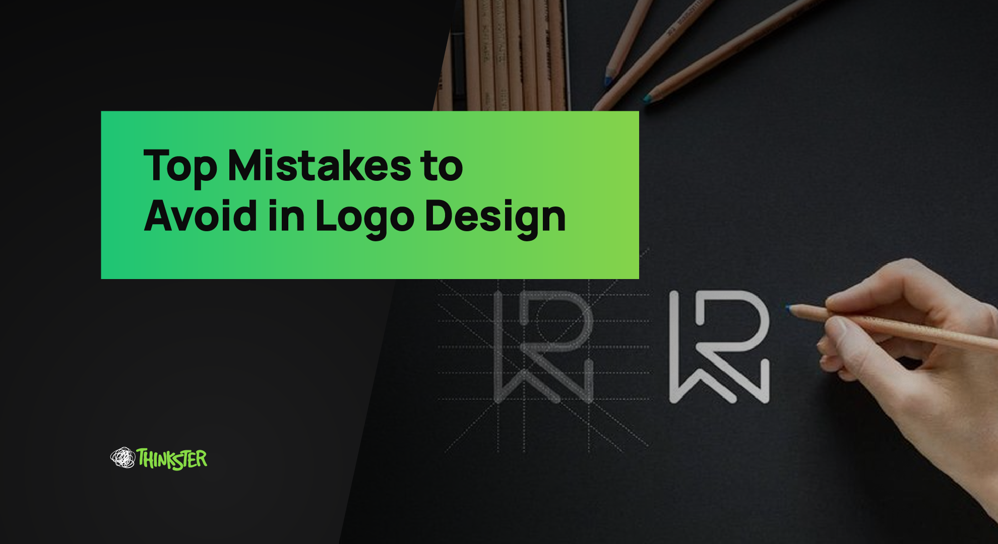 Designer sketching a minimalist geometric logo concept with pencil on black paper — symbolizing precision, creativity, and strategic design, representing Thinkster’s expertise in professional logo design and brand identity development.