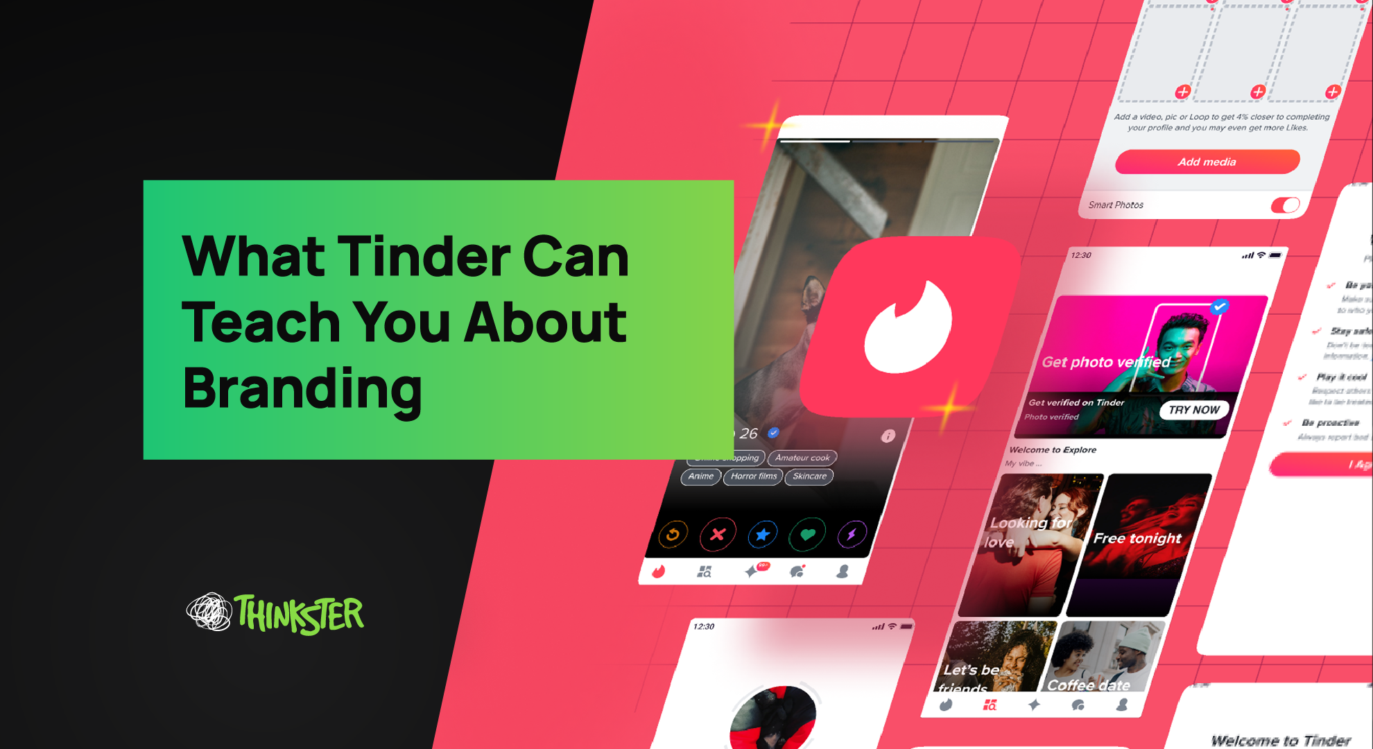 Creative digital banner featuring Tinder’s app interface and branding elements, illustrating how user engagement design and emotional storytelling influence brand strategy — representing Thinkster’s insights on modern branding and digital experience.