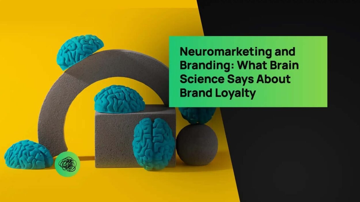 A creative conceptual visual featuring blue 3D brain models placed on geometric blocks against a vivid yellow background, with the headline “Neuromarketing and Branding: What Brain Science Says About Brand Loyalty.” The design represents how Thinkster blends psychology, creativity, and strategy to build emotionally intelligent brands.