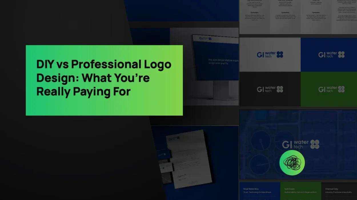 A vibrant comparison banner showing “DIY vs Professional Logo Design: What You’re Really Paying For,” featuring a green gradient overlay and branded visuals from Thinkster’s GI Water Tech identity project — representing the value of professional logo design services in India.
