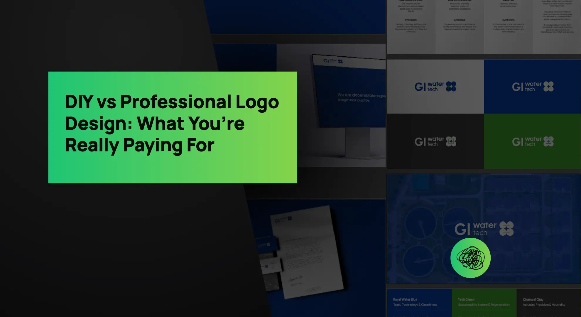 A vibrant comparison banner showing “DIY vs Professional Logo Design: What You’re Really Paying For,” featuring a green gradient overlay and branded visuals from Thinkster’s GI Water Tech identity project — representing the value of professional logo design services in India.