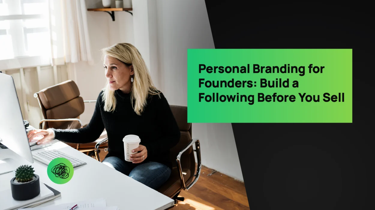 A confident female founder works at her computer in a bright modern office, holding a coffee cup and focusing on building her personal brand. The overlaid text reads “Personal Branding for Founders: Build a Following Before You Sell,” reflecting Thinkster’s approach to helping entrepreneurs establish influence before scaling or exiting.