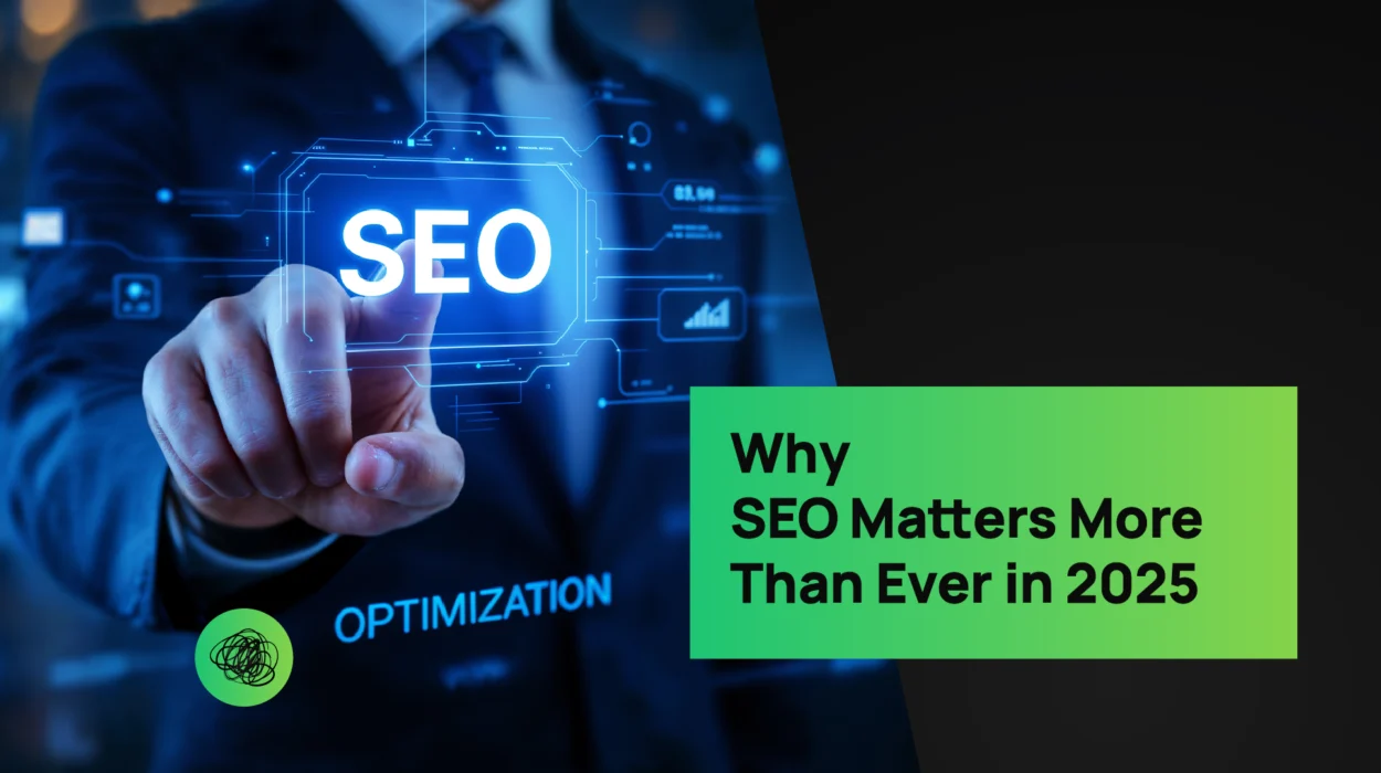 A professional hand touches a glowing digital interface displaying the word SEO, surrounded by virtual analytics icons. The headline reads “Why SEO Matters More Than Ever in 2025,” representing Thinkster’s forward-thinking approach to search optimization and digital growth.