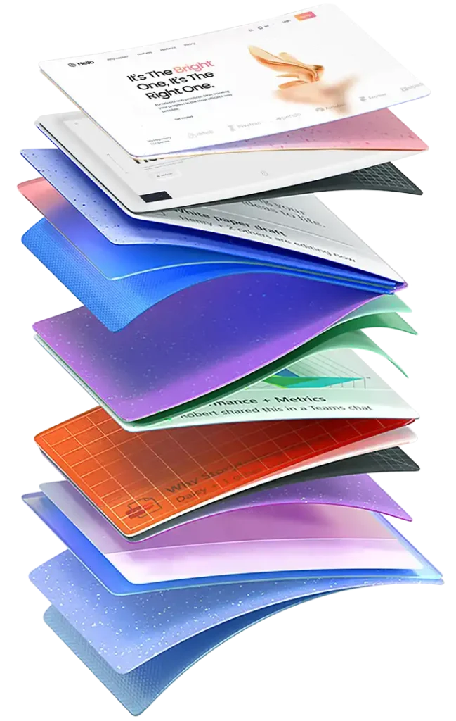 A 3D conceptual stack of colorful digital screens representing multiple layers of modern web design — symbolizing UI, UX, branding, and development integration. The image reflects Thinkster’s expertise in building dynamic, multi-layered digital experiences.