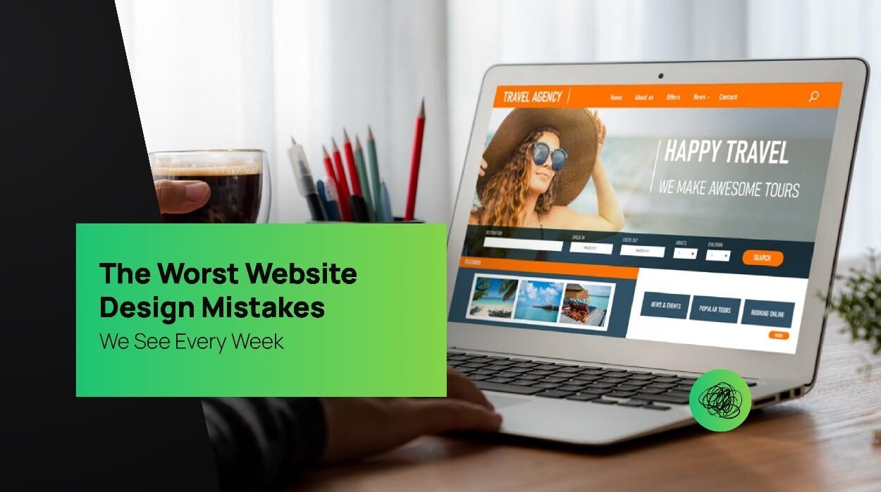 Person holding a coffee cup while browsing a travel agency website on a laptop, illustrating poor web design examples and common UI mistakes.