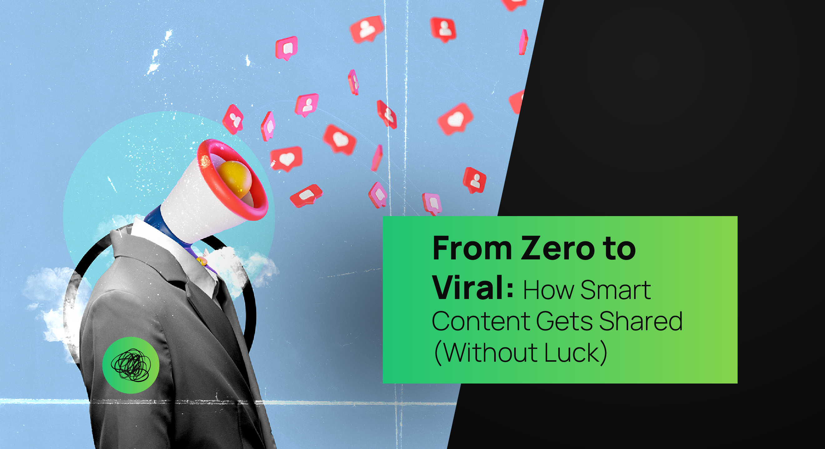 A surreal digital artwork of a businessperson with a megaphone for a head, surrounded by floating social media icons, symbolizing viral content and digital amplification.