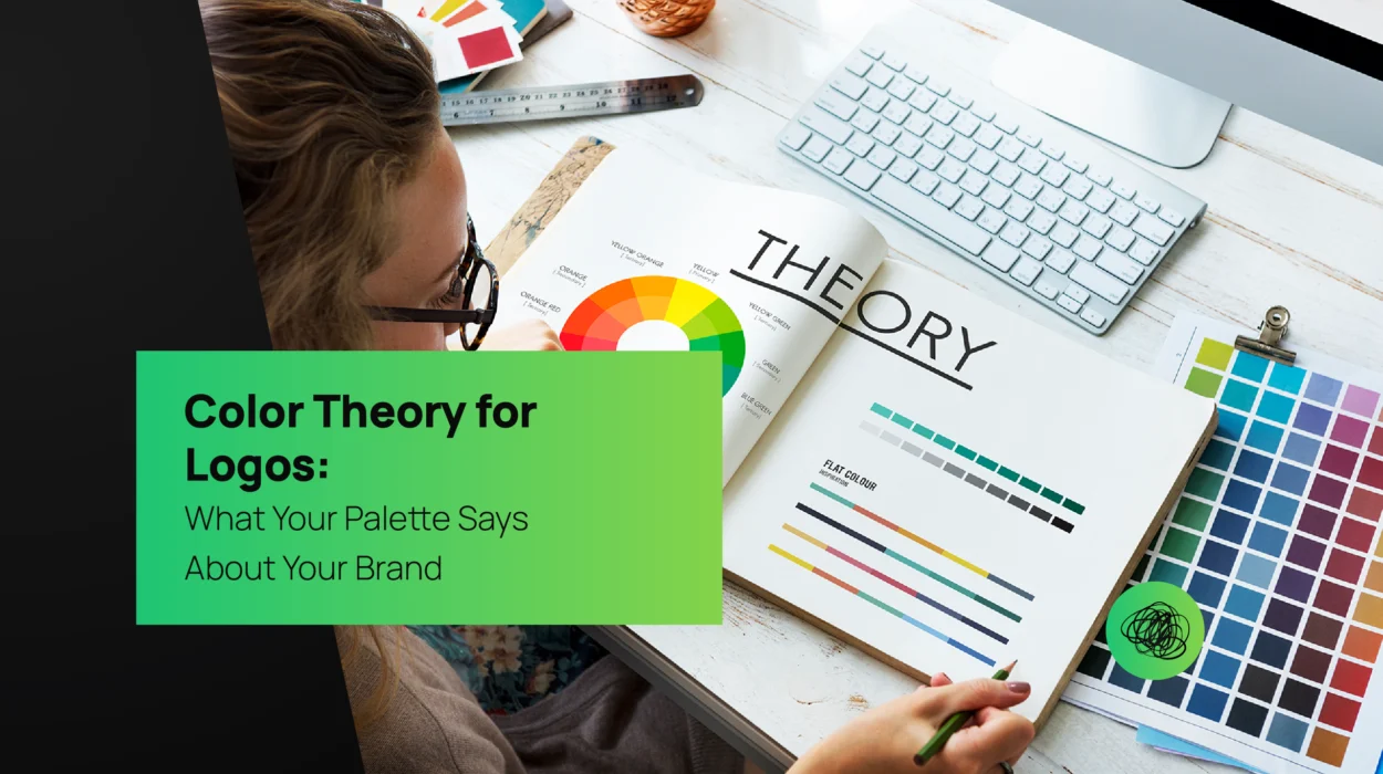 Designer studying a color wheel and palette guide for logo design, illustrating how color theory influences brand perception and identity strategy by Thinkster India.