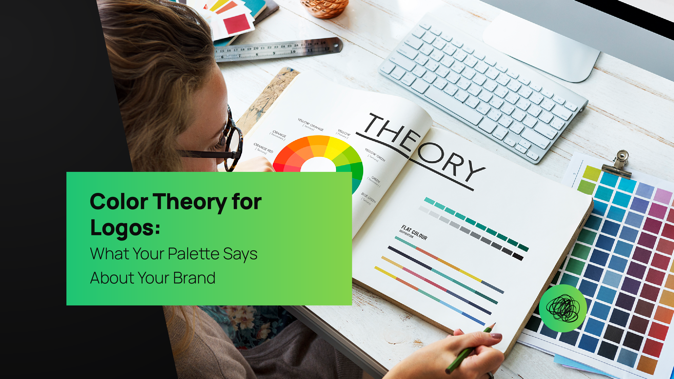 Designer studying a color wheel and palette guide for logo design, illustrating how color theory influences brand perception and identity strategy by Thinkster India.