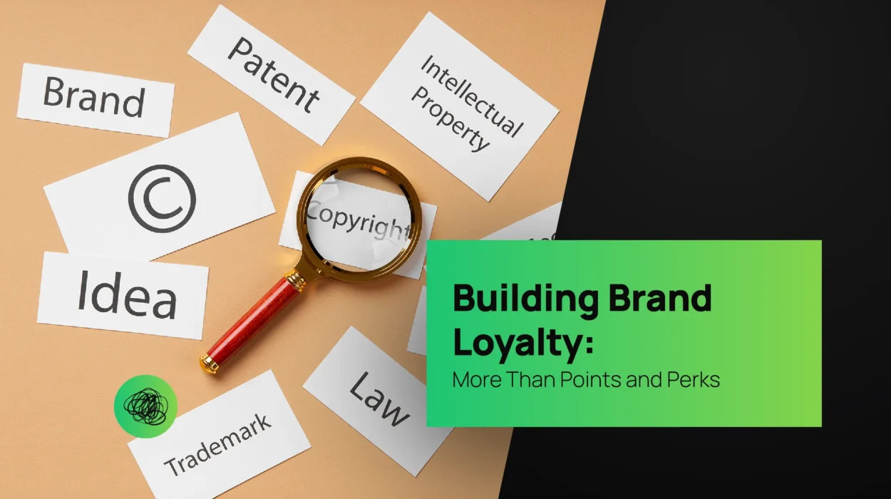 Magnifying glass over cards labeled “Copyright,” “Brand,” and “Trademark” — representing brand identity, intellectual property, and trust-based loyalty strategies developed by Thinkster, a creative branding agency in India.