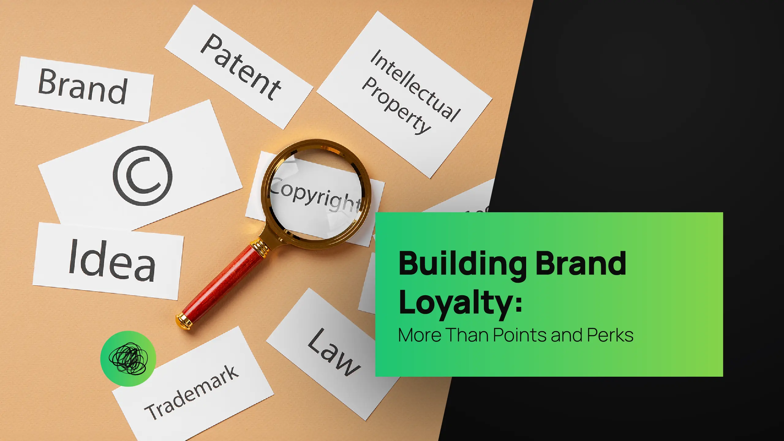 Magnifying glass over cards labeled “Copyright,” “Brand,” and “Trademark” — representing brand identity, intellectual property, and trust-based loyalty strategies developed by Thinkster, a creative branding agency in India.