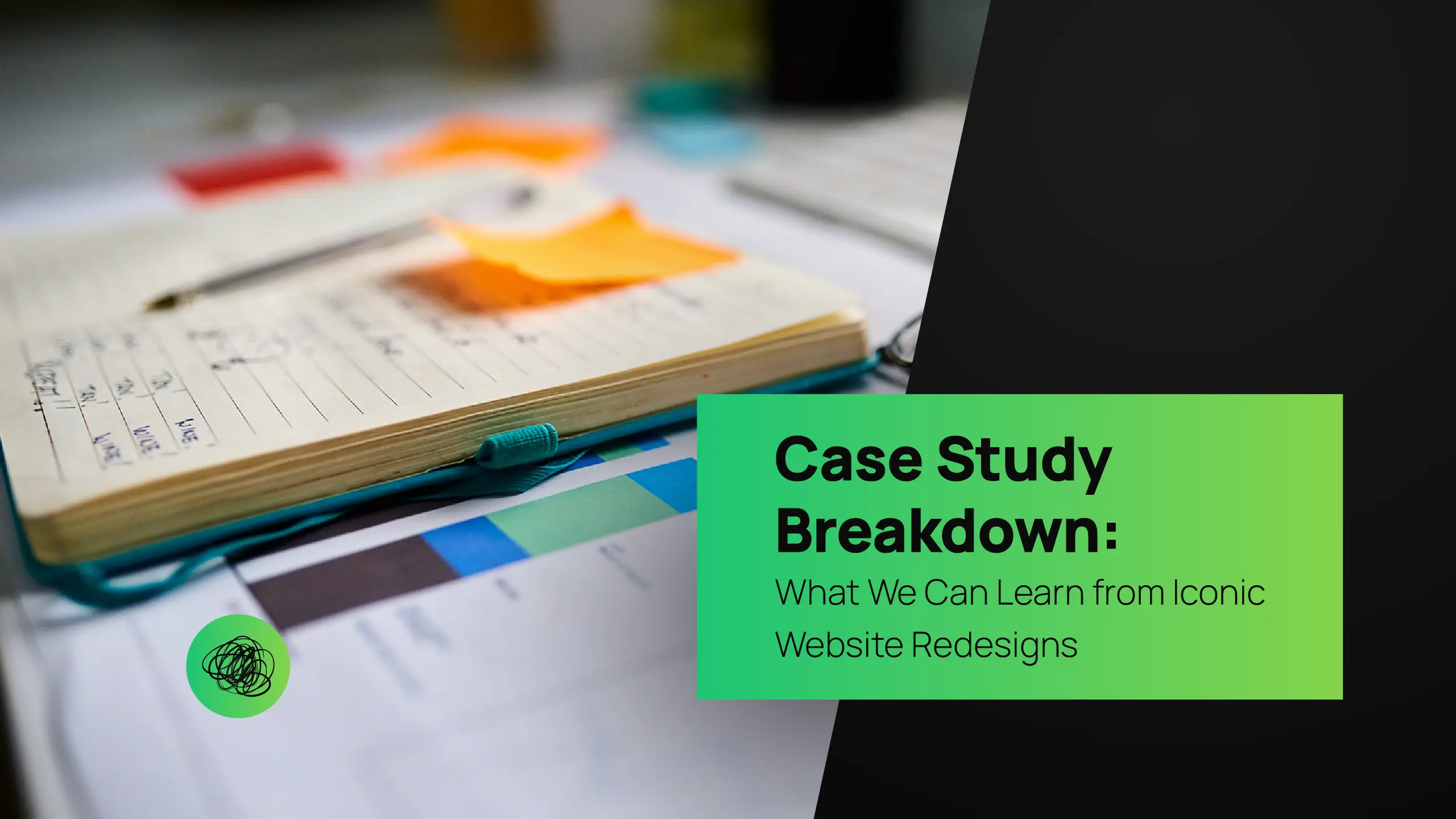 Open notebook with handwritten notes and colorful sticky tabs beside a website design layout — representing creative analysis, research, and strategy insights at Thinkster, a digital marketing and web design agency in India.