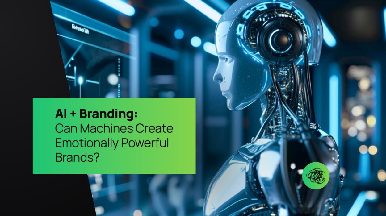 Futuristic AI robot analyzing digital branding data — symbolizing the fusion of artificial intelligence and emotional brand storytelling.