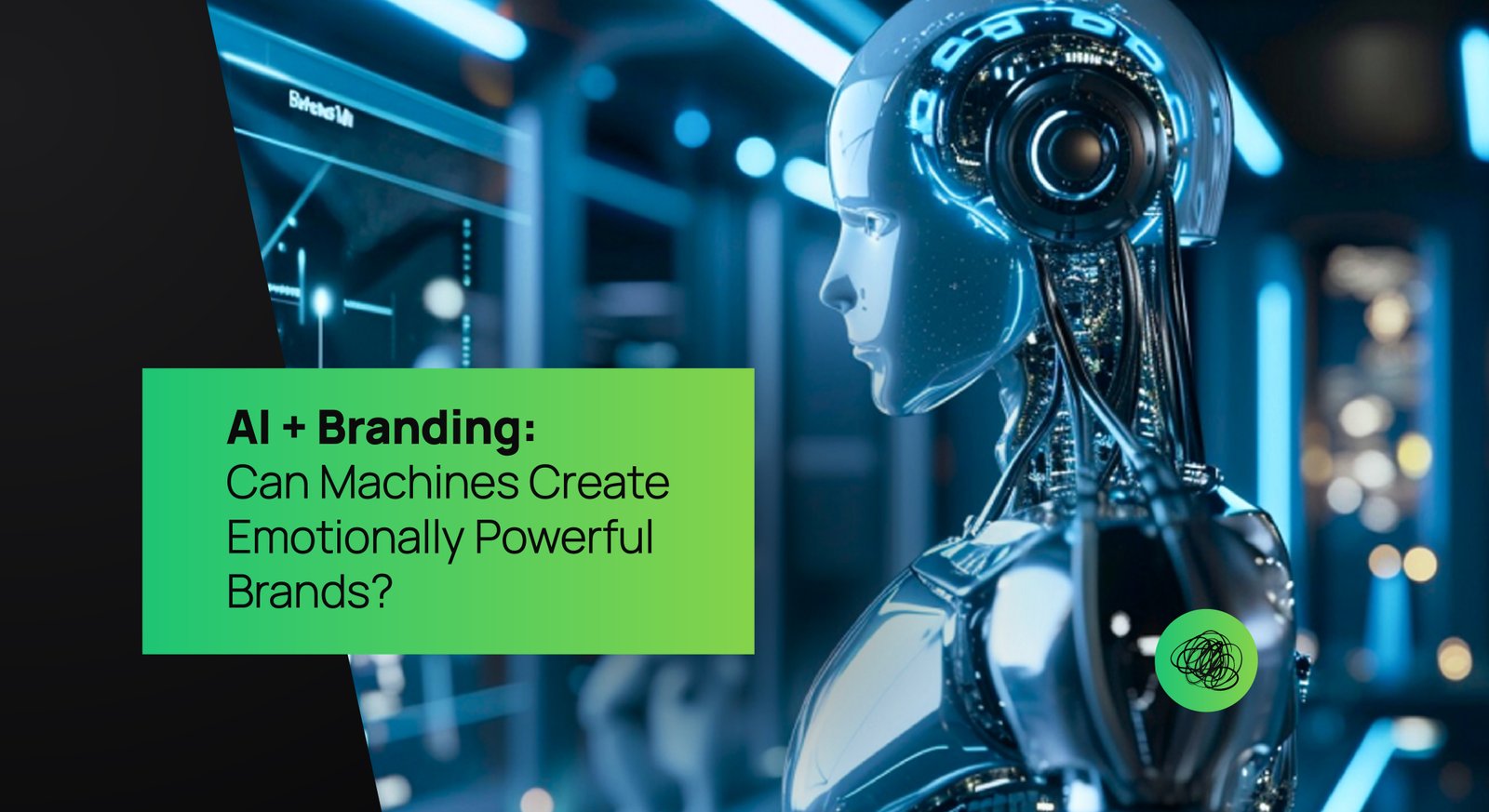 Futuristic AI robot analyzing digital branding data — symbolizing the fusion of artificial intelligence and emotional brand storytelling.