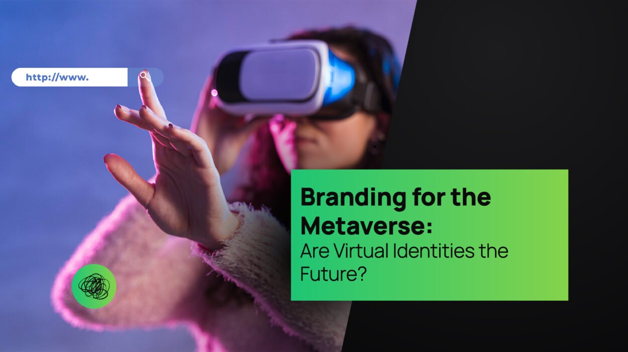 Woman wearing a VR headset interacting with virtual elements — representing branding, digital identity, and the evolution of the Metaverse experience.