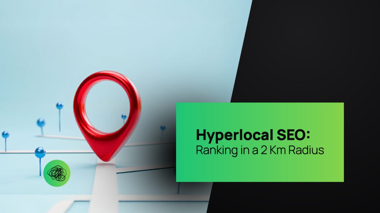 Large red map pin with smaller blue pins on a navigation grid — symbolizing hyperlocal SEO, local business visibility, and proximity-based marketing.