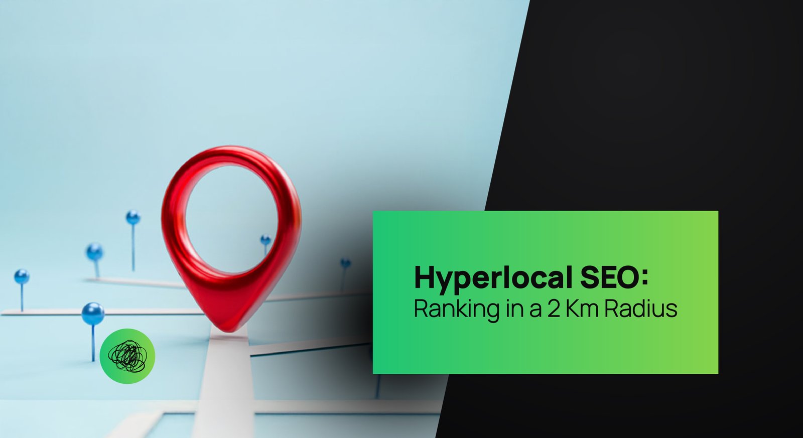 Large red map pin with smaller blue pins on a navigation grid — symbolizing hyperlocal SEO, local business visibility, and proximity-based marketing.