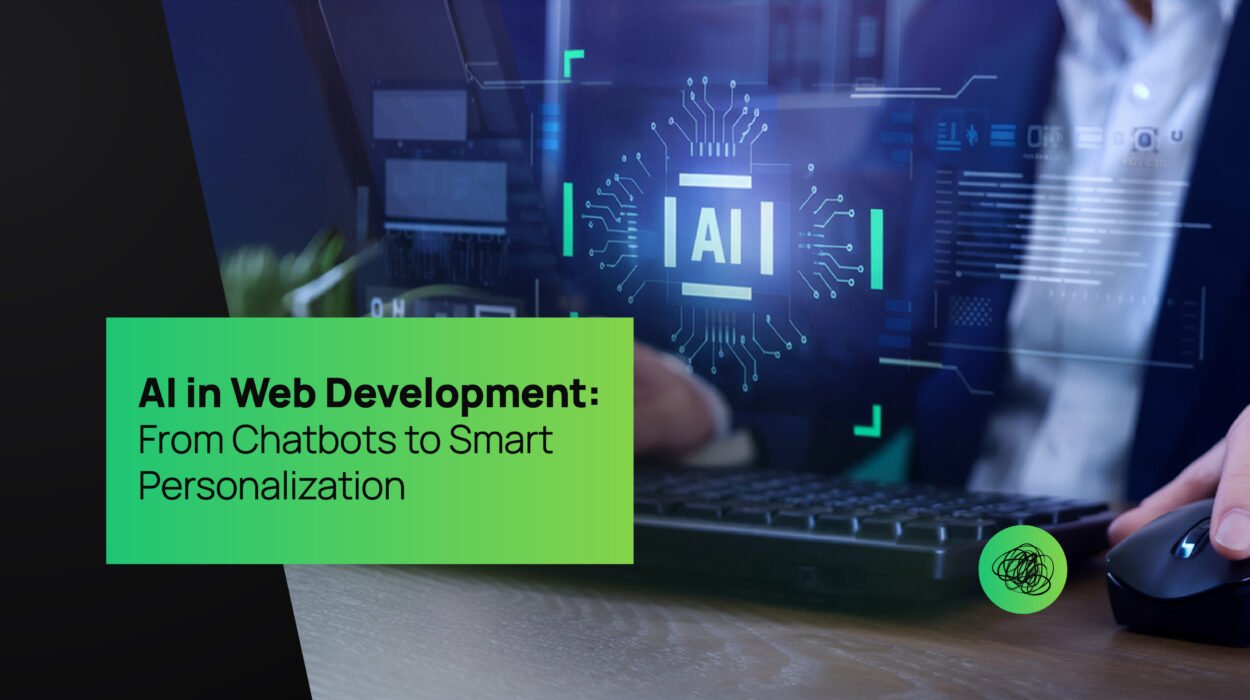 Professional working on computer with AI interface, showcasing the role of artificial intelligence in web development, chatbots, and smart personalization.