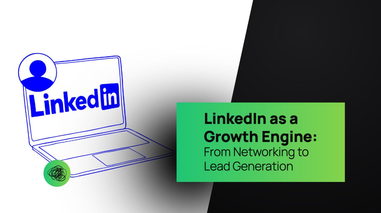 Illustration showing LinkedIn on a laptop screen with the text “LinkedIn as a Growth Engine: From Networking to Lead Generation” — symbolizing professional growth and connection.