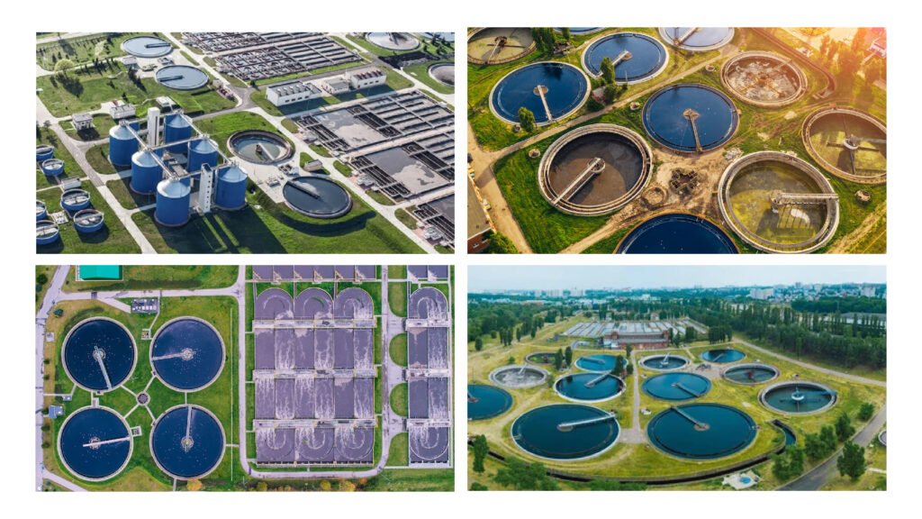 Aerial view of multiple modern water treatment and recycling plants — showcasing advanced technology, sustainability, and clean water management systems.