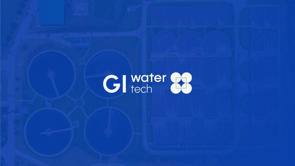 GI WaterTech logo on a blue aerial background of water treatment plant — symbolizing innovation, purity, and sustainable water technology solutions.
